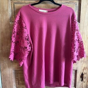 Pink Ribbed Blouse with Embellished Sleeves